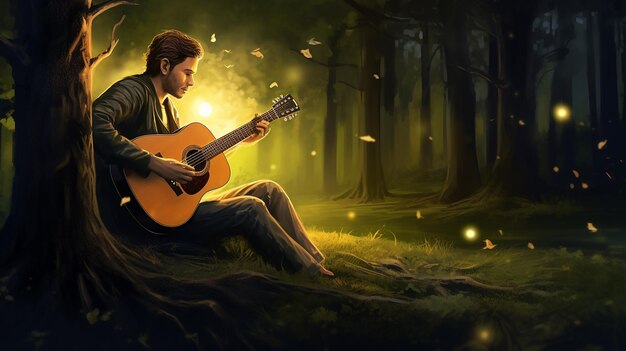 Drawing of a guitarist under the moon in the forest