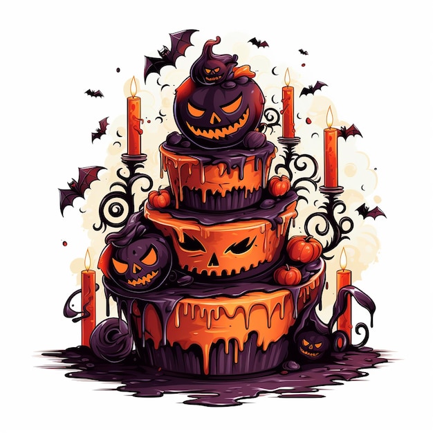 A drawing of a halloween cake with a pumpkin on it