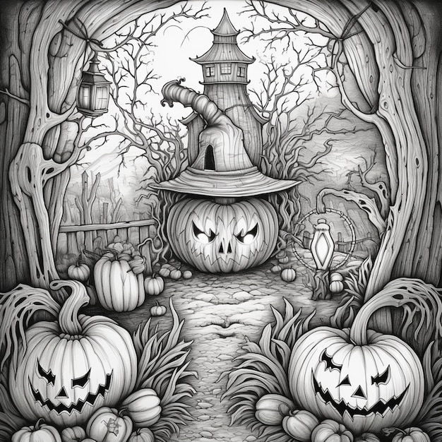 A drawing of a halloween scene with pumpkins and a dog generative ai