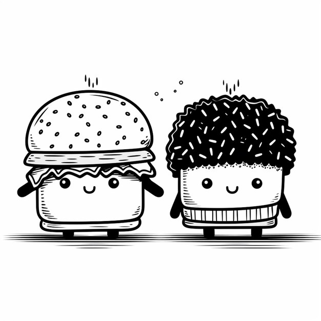 a drawing of a hamburger and a donut with a face generative ai