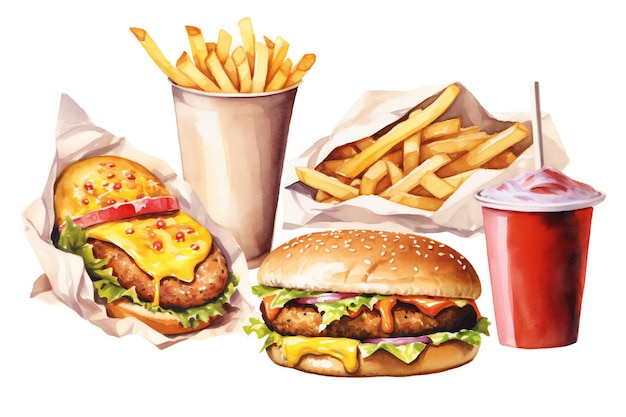 A drawing of a hamburger and french fries on a table