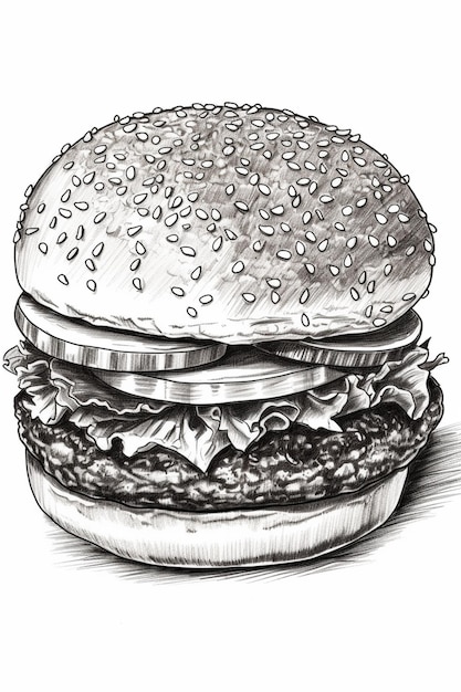 Photo a drawing of a hamburger with a bun and lettuce on it generative ai