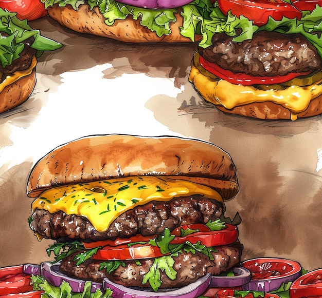 a drawing of a hamburger with cheese and tomatoes on it