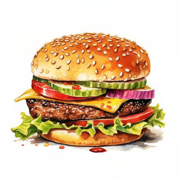 A drawing of a hamburger with lettuce, tomato, and cucumber.