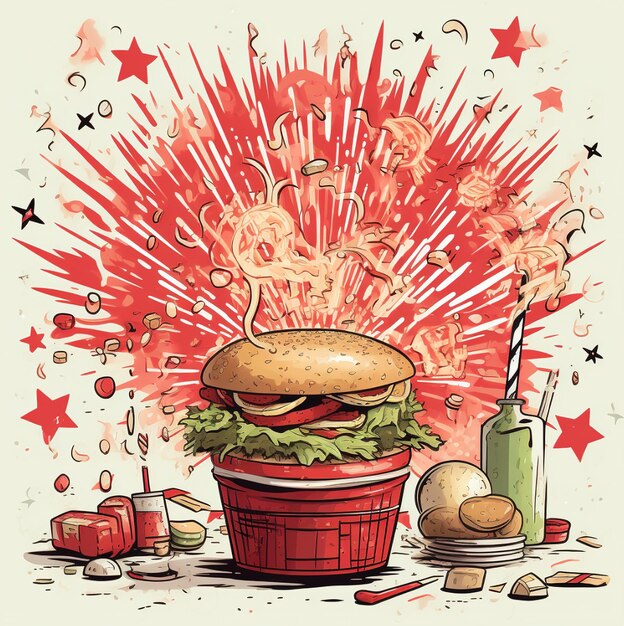 Photo a drawing of a hamburger with a red background with the words burger on it.