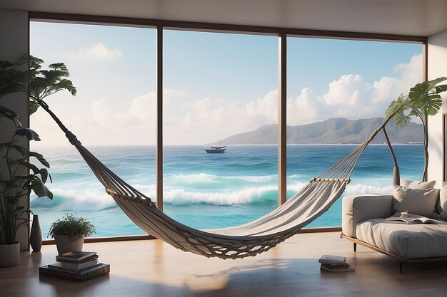 A drawing of a hammock in a living room with a view of the ocean generative ai