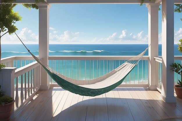 Photo a drawing of a hammock on a porch overlooking the ocean generative ai