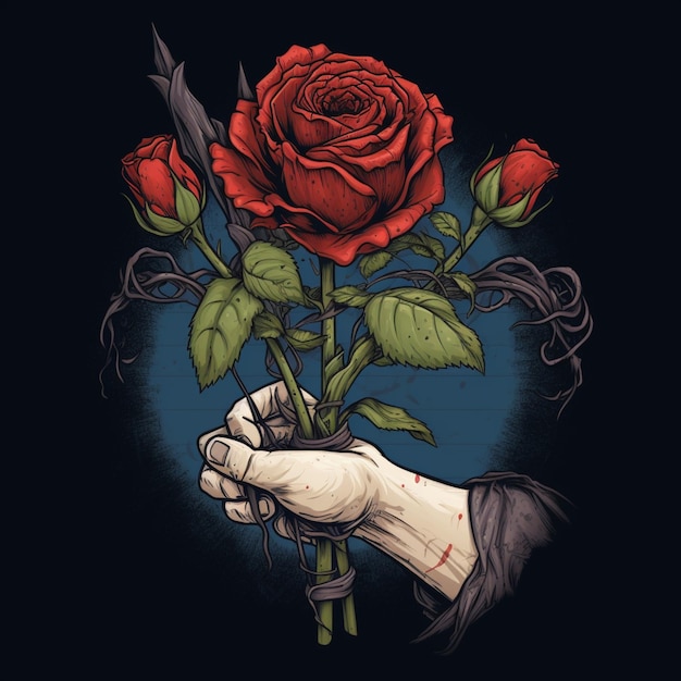 A drawing of a hand holding a bunch of roses.