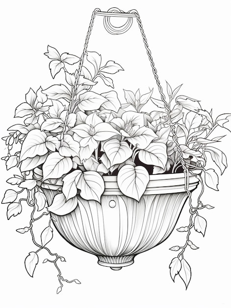 a drawing of a hanging basket full of plants with leaves generative ai