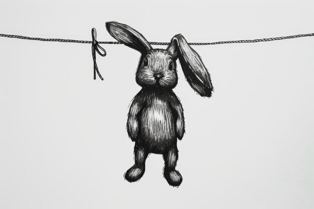 Drawing of a hare hanging on a rope on a white background Illustration