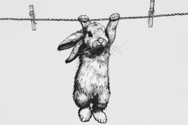 Drawing of a hare hanging on a rope on a white background Illustration