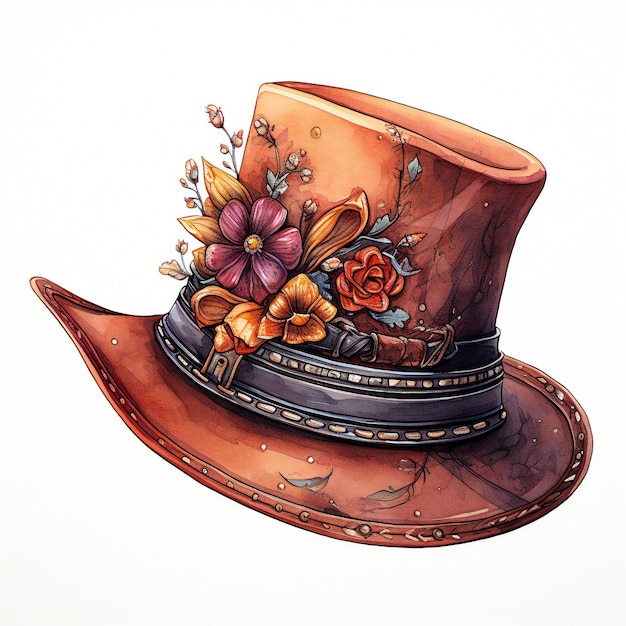 Photo a drawing of a hat with flowers and a hat that says 