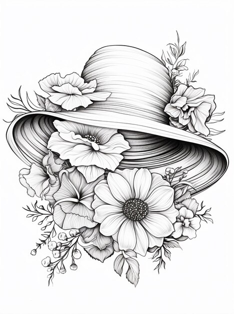 a drawing of a hat with flowers and leaves on it generative ai