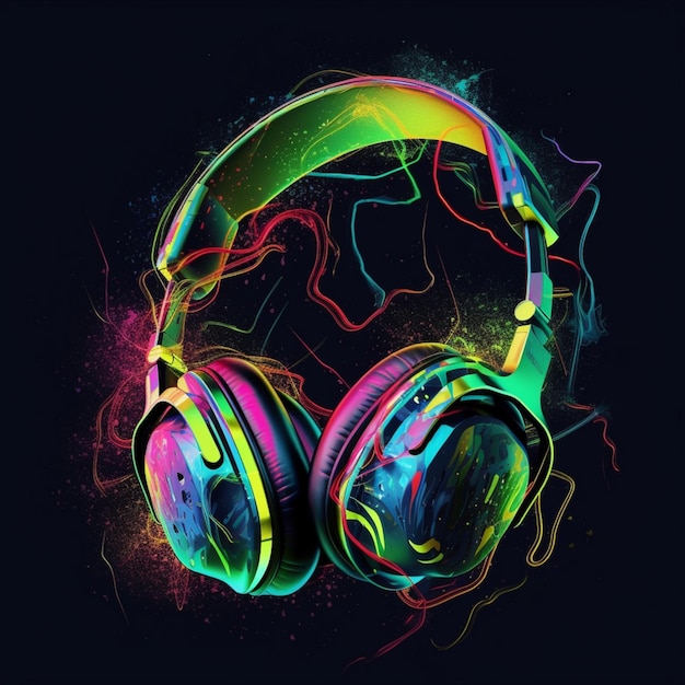 A drawing of a headphone with a rainbow colored background.