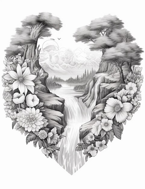 a drawing of a heart shaped waterfall surrounded by flowers generative ai