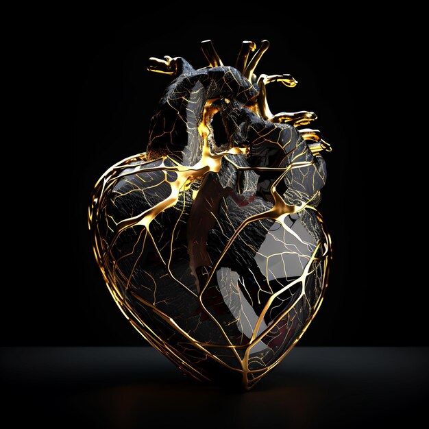 A drawing of a heart with gold and black paint.