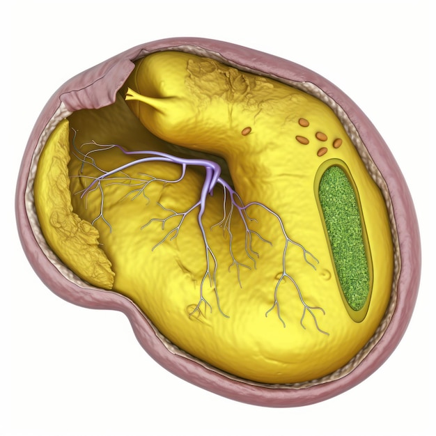 A drawing of a heart with a green area on the left side.