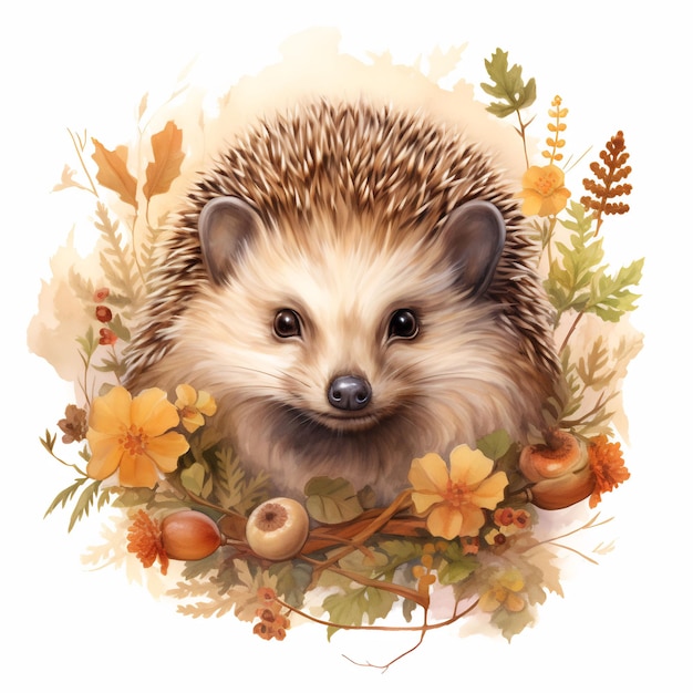 a drawing of a hedgehog in autumn leaves