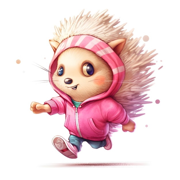 A drawing of a hedgehog wearing a pink jacket and blue jeans.