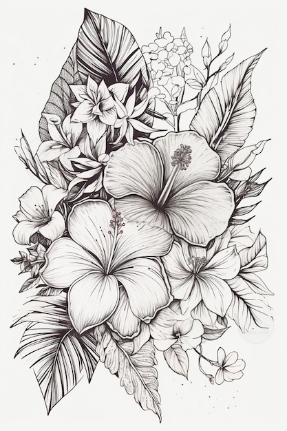 A drawing of hibiscus flowers with leaves and flowers.