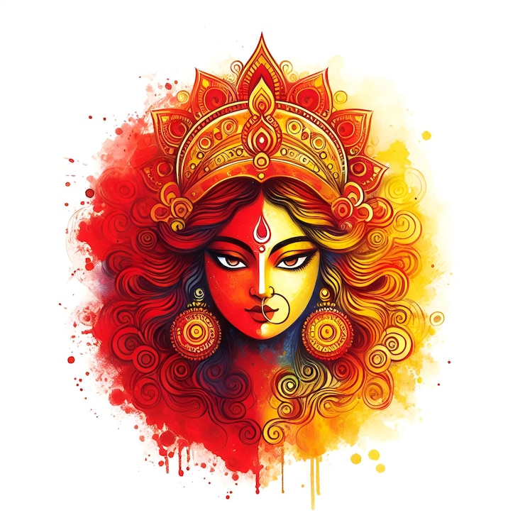 Photo drawing of hindu goddess durga face red and yellow watercolor