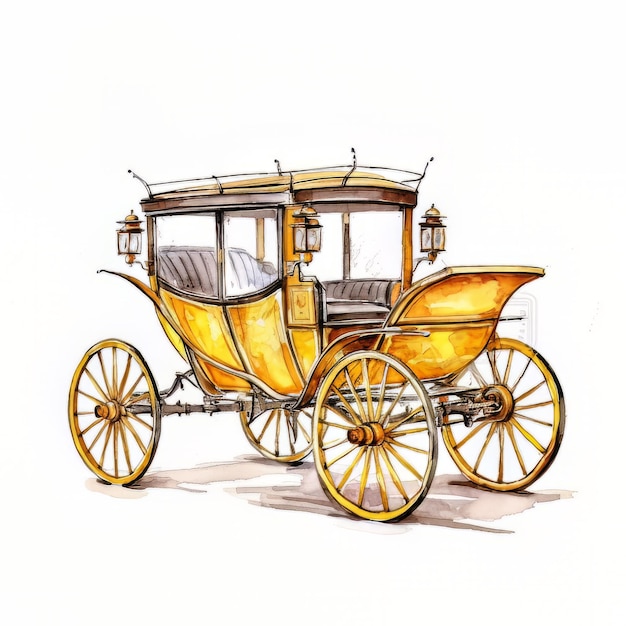 A drawing of a horse drawn carriage with the word