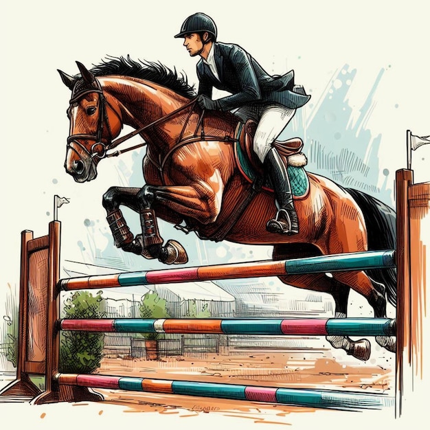 a drawing of a horse jumping over a fence with a jockey on it