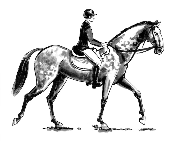 Photo a drawing of a horse and rider with a black hat on.