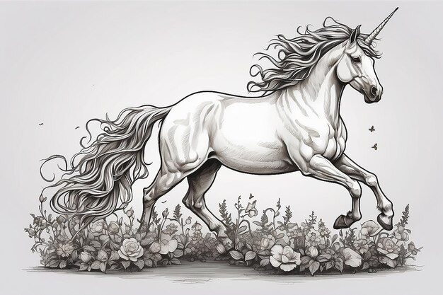 a drawing of a horse with a long tail