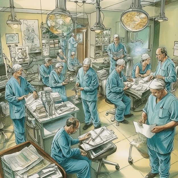 A drawing of a hospital room with a bunch of medical personnel.