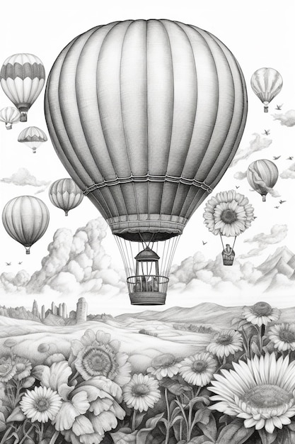 a drawing of a hot air balloon flying over a field of flowers generative ai