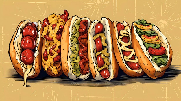 A drawing of a hot dog with different toppings.