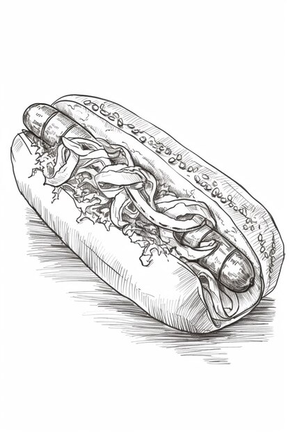 drawing of a hot dog with a lot of toppings on it generative ai