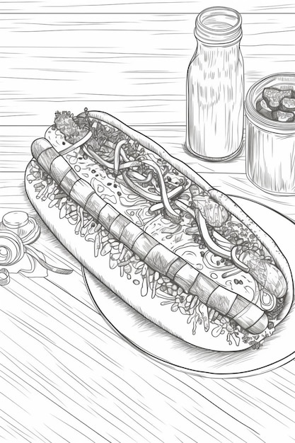 рисунок хот-дога с начинкой на тарелке рядом с банку соды