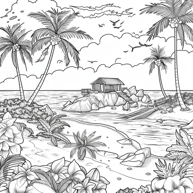 a drawing of a house on a beach with palm trees in the background