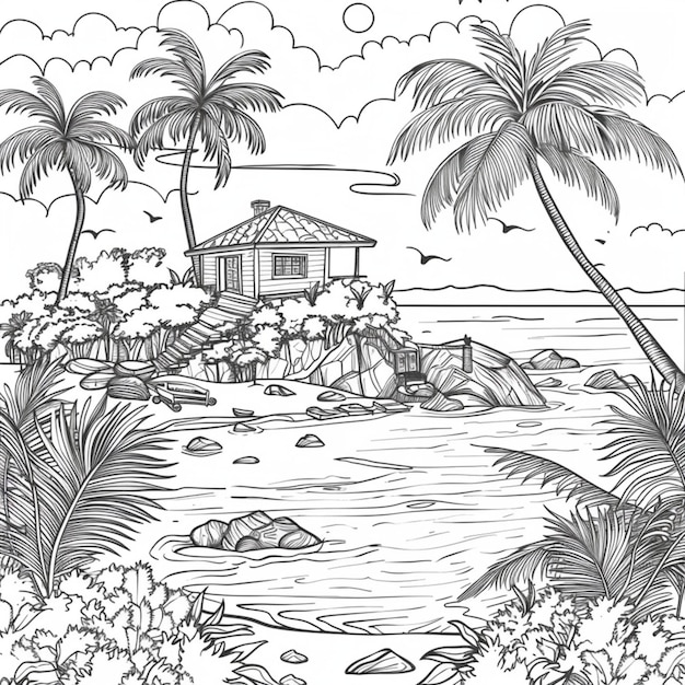 a drawing of a house on a beach with palm trees and a house in the background