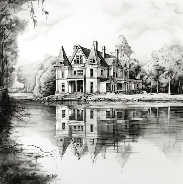 a drawing of a house by the lake