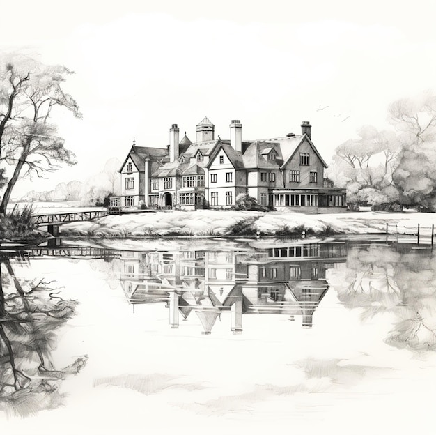 a drawing of a house by the lake