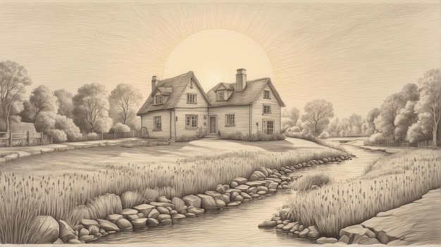 a drawing of a house by the river