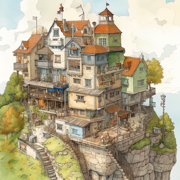 a drawing of a house on a cliff with a house on the top.