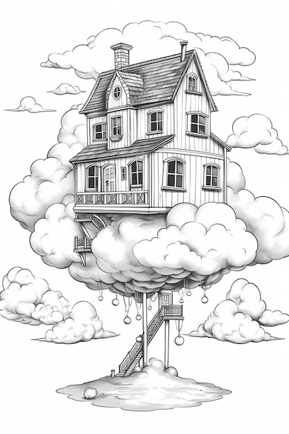 Photo a drawing of a house in the clouds with a ladder generative ai
