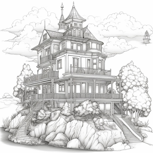 a drawing of a house on a hill with a steeple generative ai