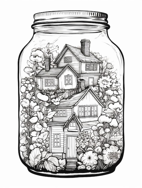 a drawing of a house in a jar with flowers and plants generative ai