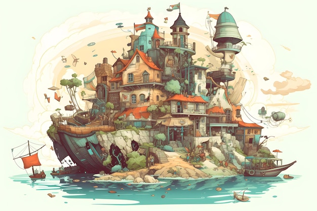 Drawing of house on small island in the middle of body of water Generative AI