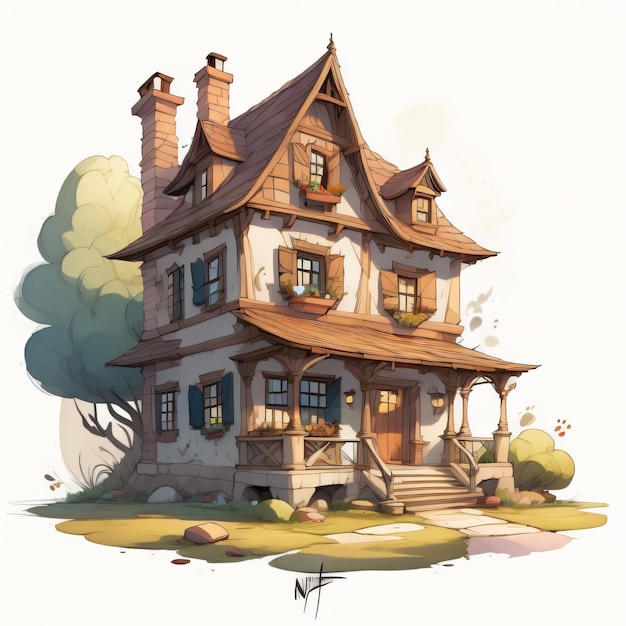 A drawing of a house in the style of a fairy tale.