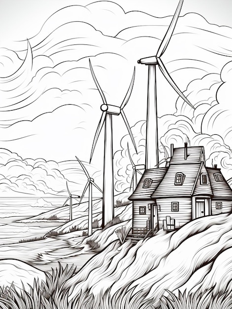 Photo a drawing of a house and wind turbines in a field generative ai