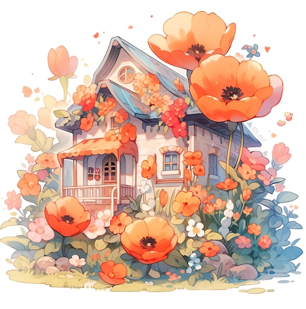 A drawing of a house with all flower on it illustration