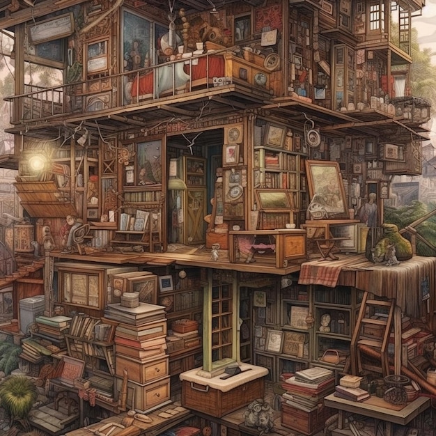 A drawing of a house with books on the top and a drawing of a book on the bottom.