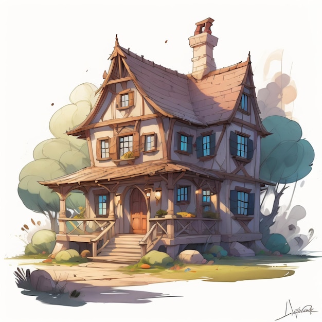 갈색 지붕과 갈색 지붕이 있는 집의 그림.
