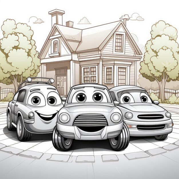 a drawing of a house with cars and a house with a smile face.